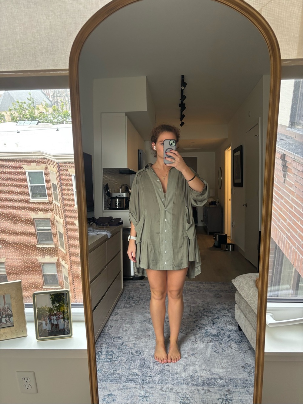 Free People Olive Green Button-Front Mini Shirt Dress